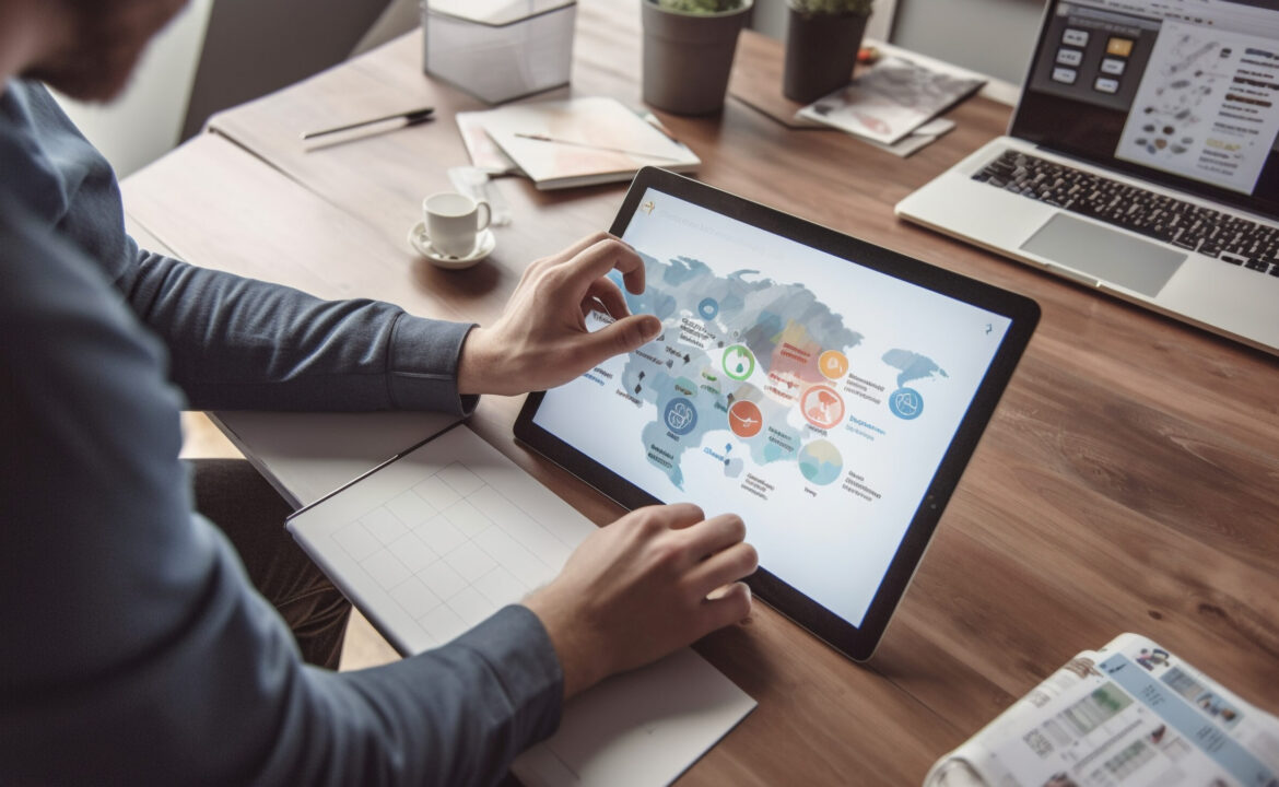 Businessmen sitting at desk, using wireless technology generated by AI
