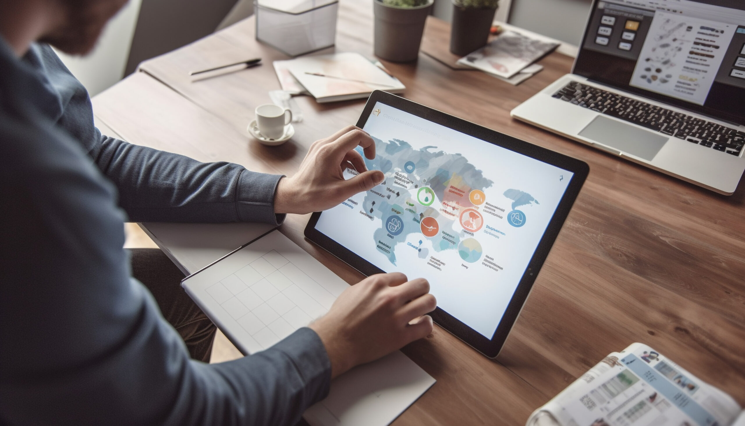 Businessmen sitting at desk, using wireless technology generated by AI