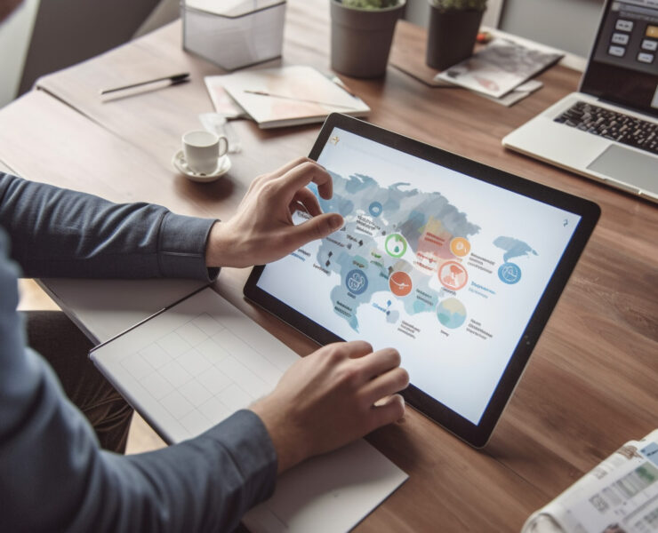 Businessmen sitting at desk, using wireless technology generated by AI