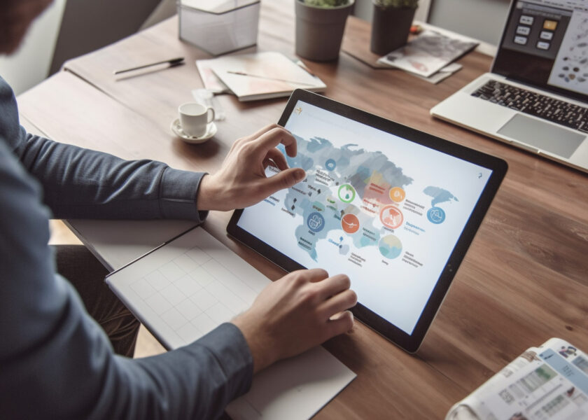 Businessmen sitting at desk, using wireless technology generated by AI